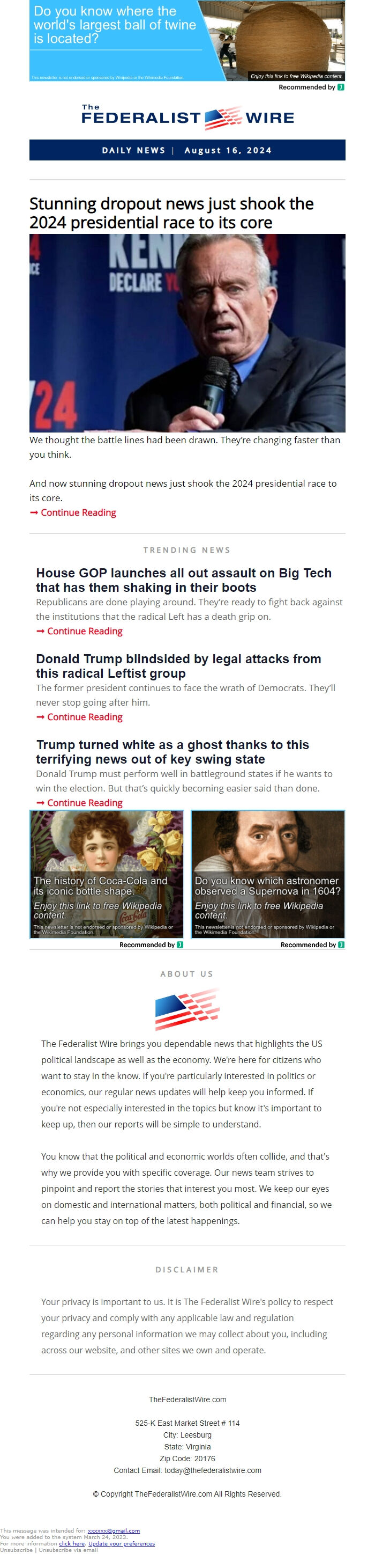 Screenshot of the email generated on import