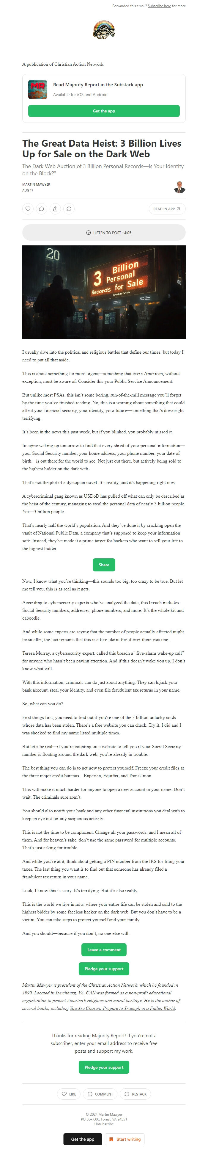 Screenshot of the email generated on import