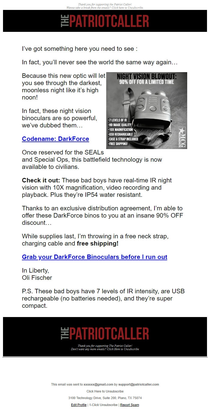 Screenshot of the email generated on import
