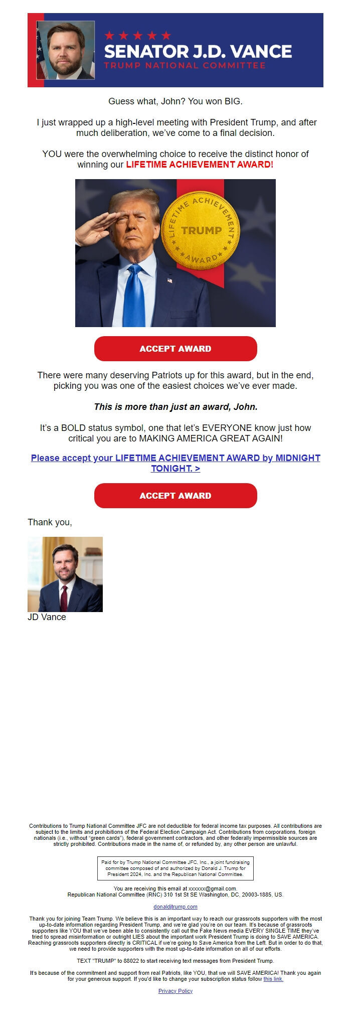 Screenshot of the email generated on import