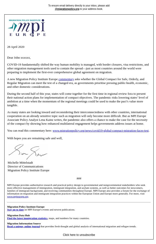 Screenshot of the email generated on import