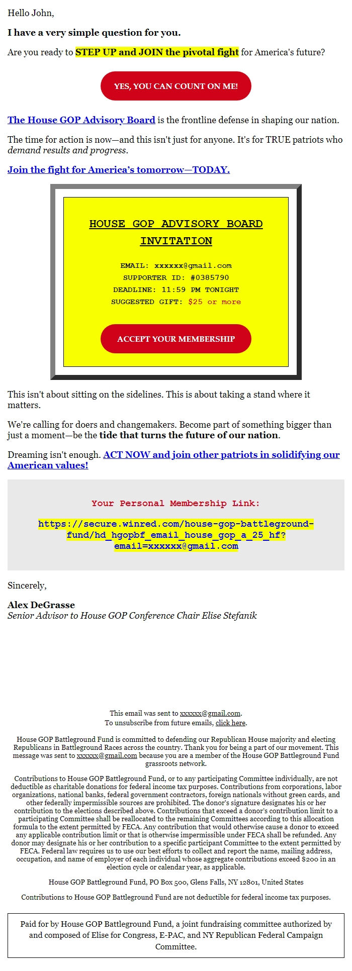 Screenshot of the email generated on import