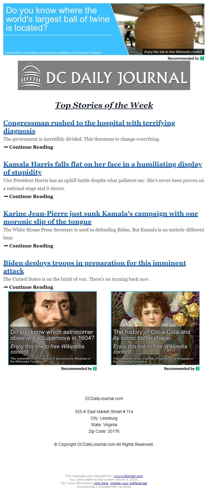 Screenshot of the email generated on import