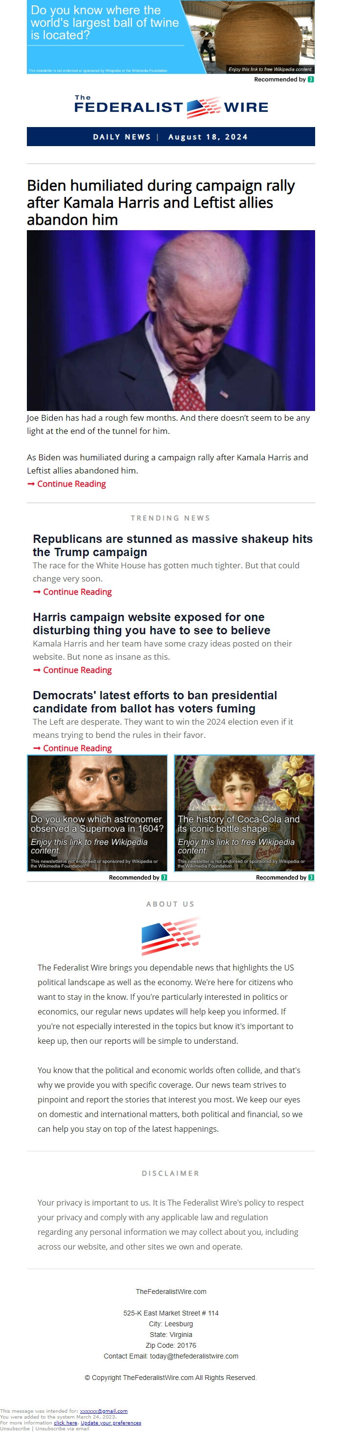 Screenshot of the email generated on import