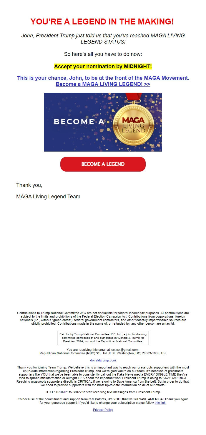 Screenshot of the email generated on import