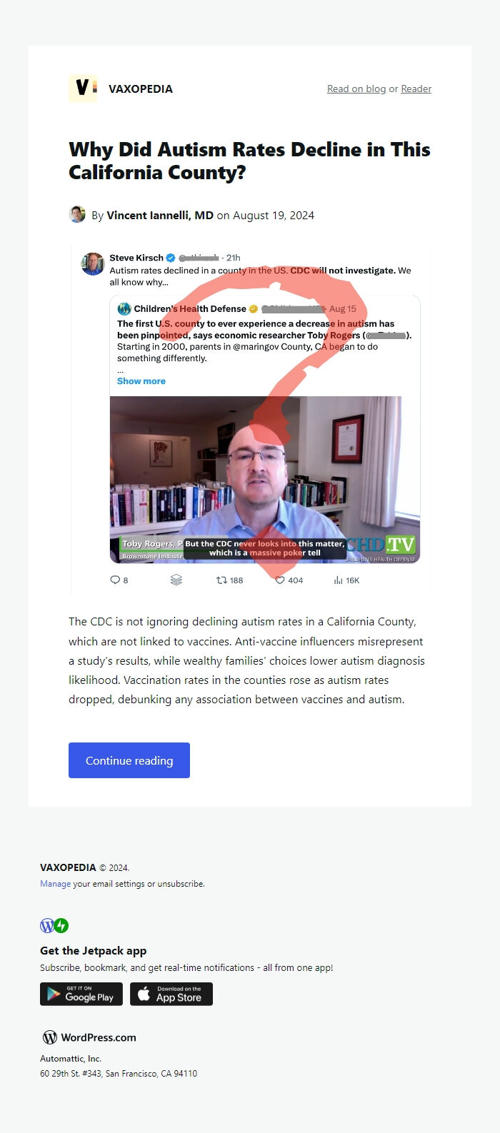 Screenshot of the email generated on import