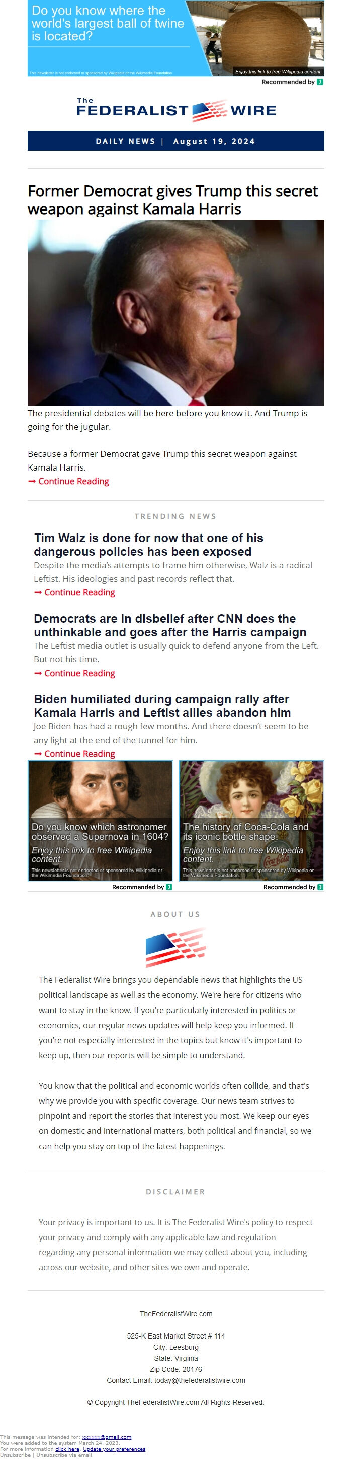 Screenshot of the email generated on import