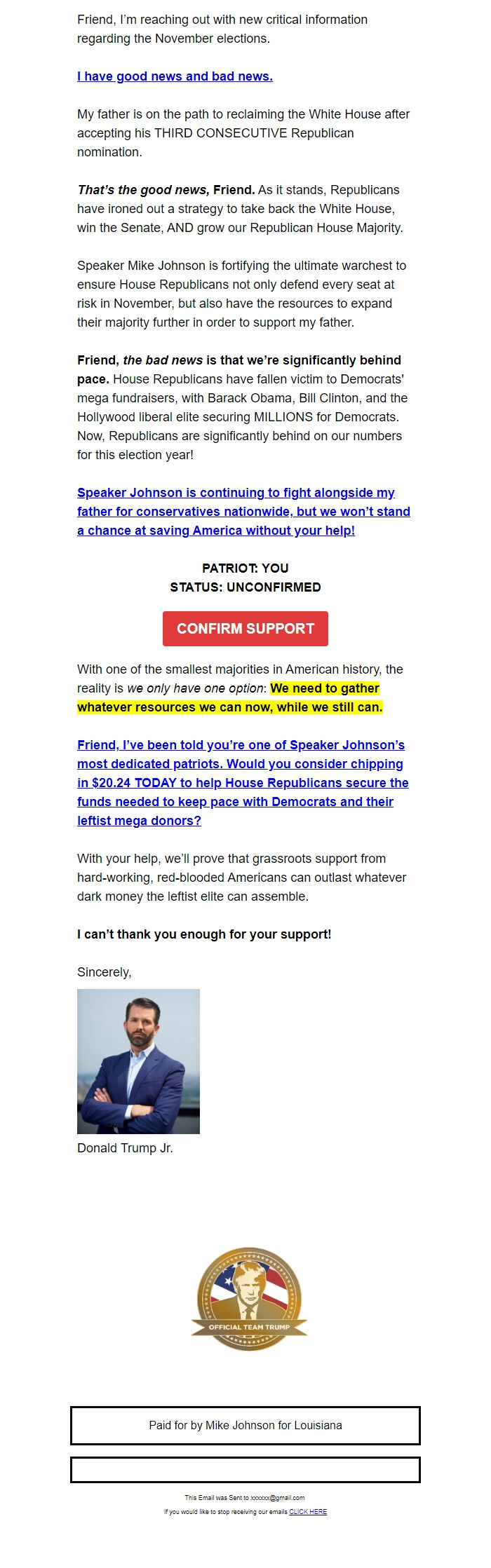 Screenshot of the email generated on import