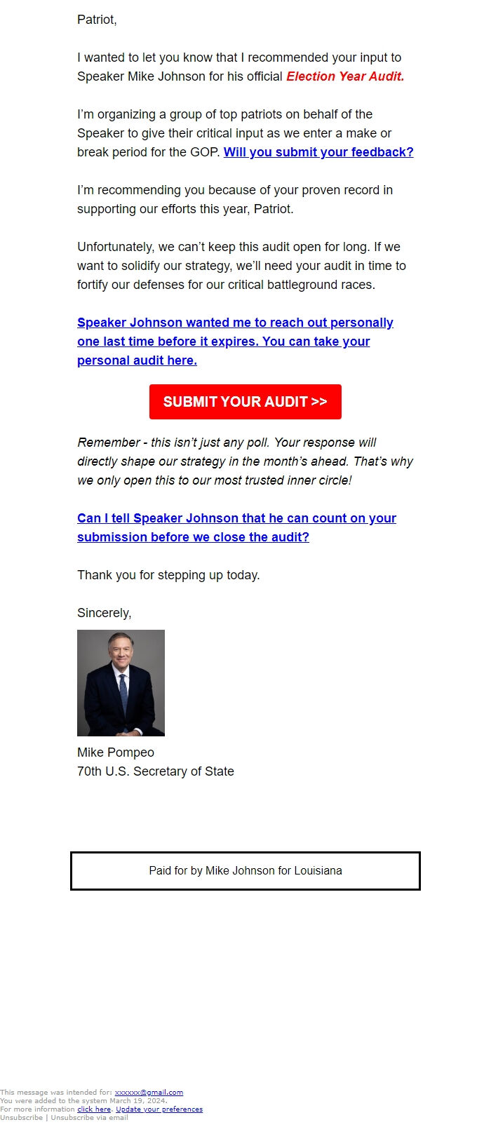 Screenshot of the email generated on import
