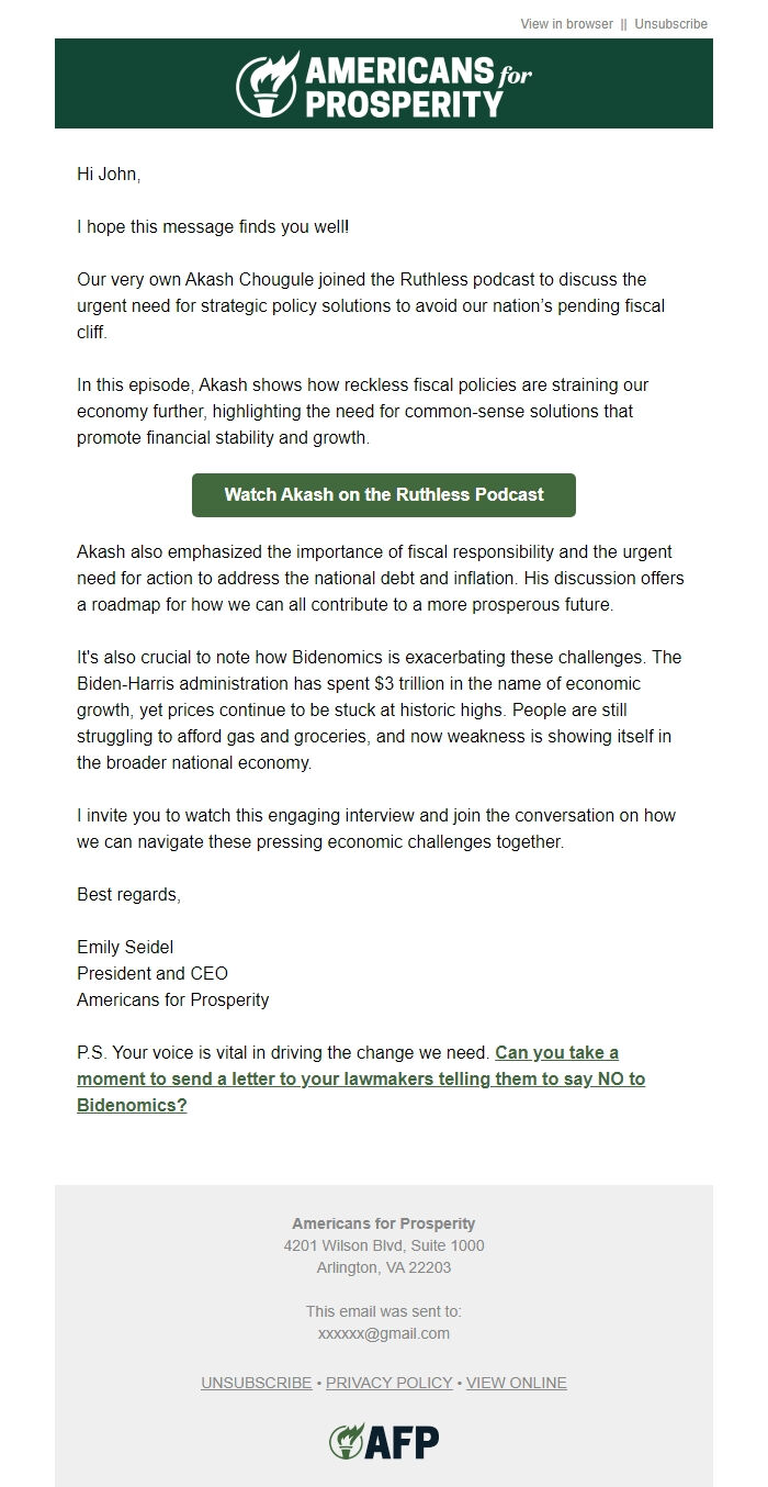 Screenshot of the email generated on import