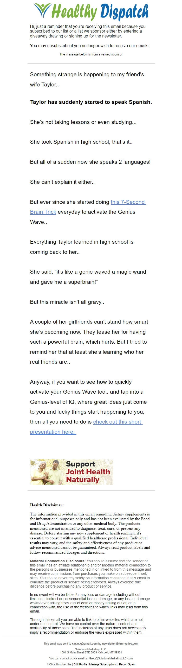 Screenshot of the email generated on import