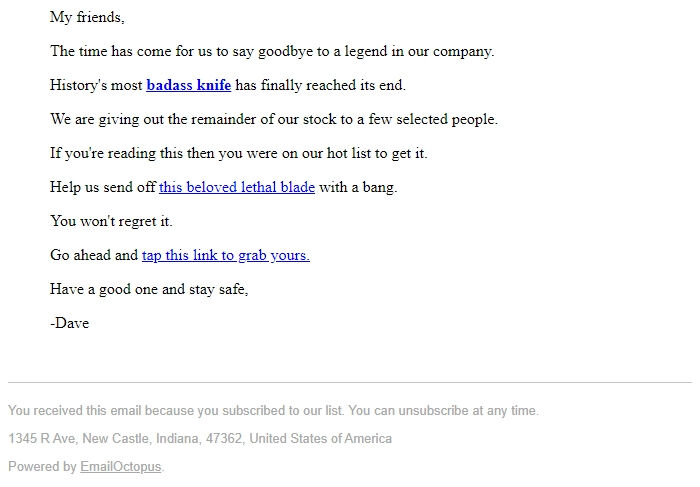 Screenshot of the email generated on import