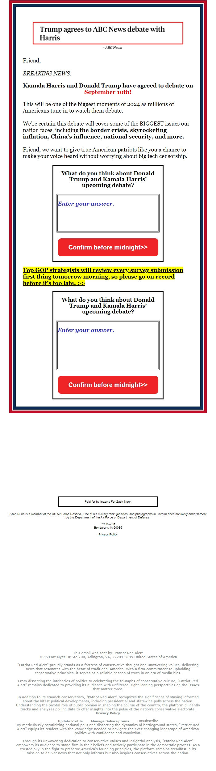 Screenshot of the email generated on import