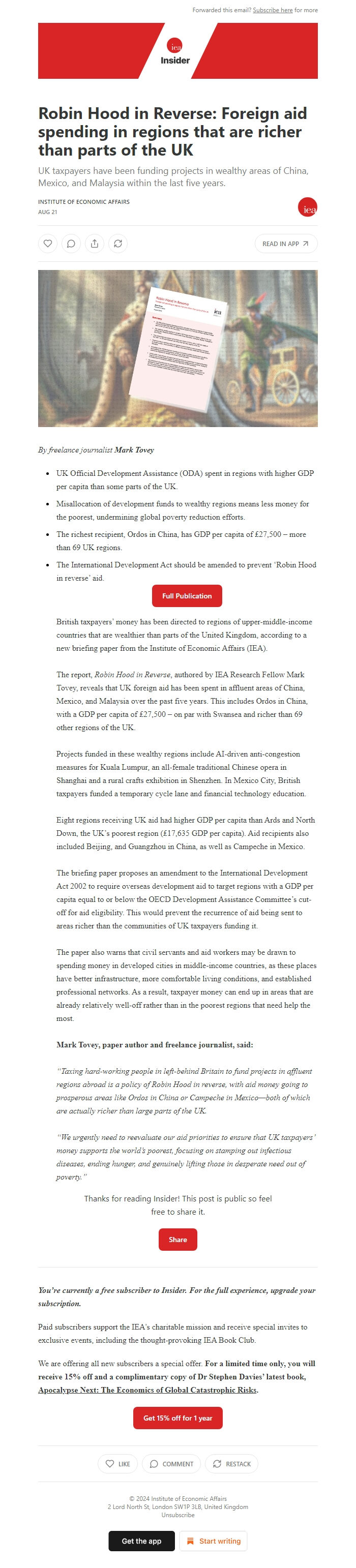 Screenshot of the email generated on import