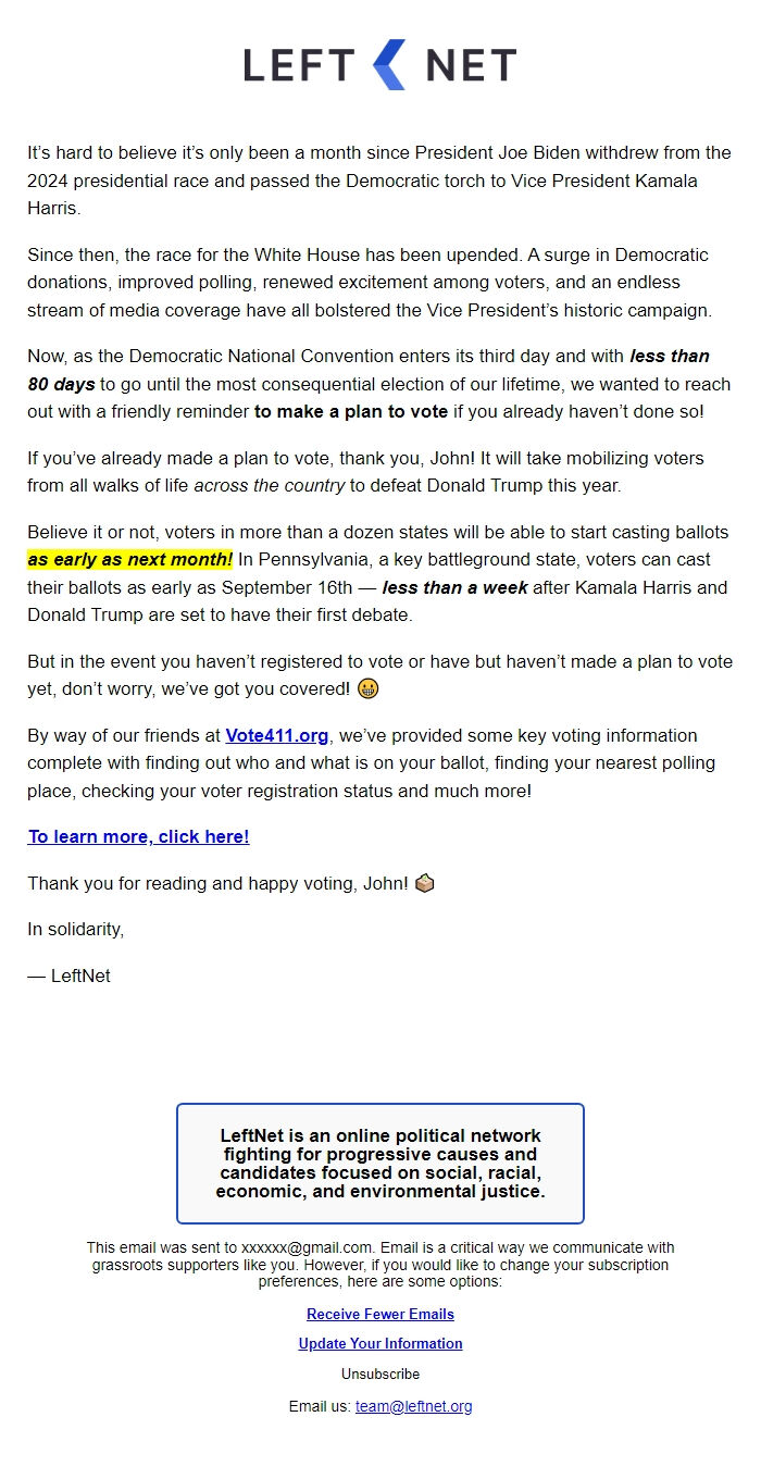 Screenshot of the email generated on import