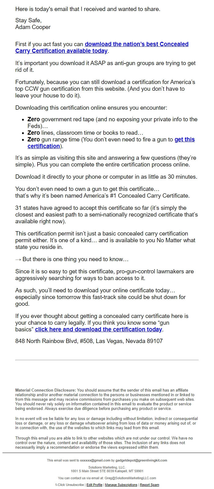 Screenshot of the email generated on import