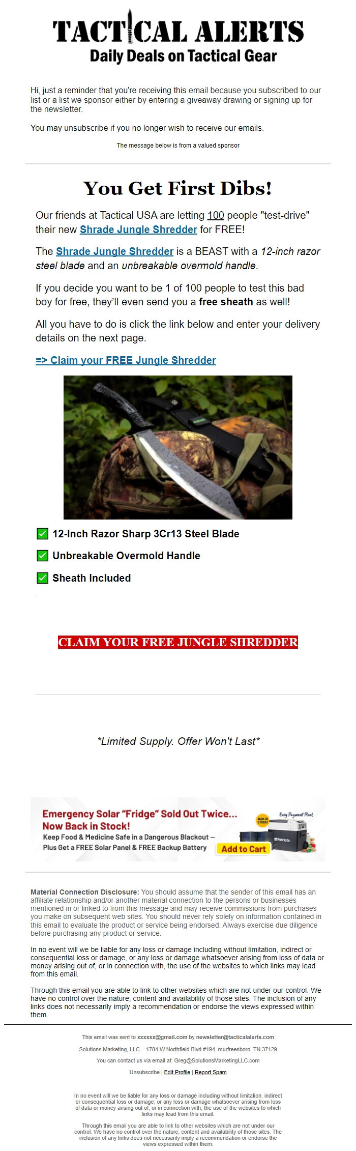 Screenshot of the email generated on import