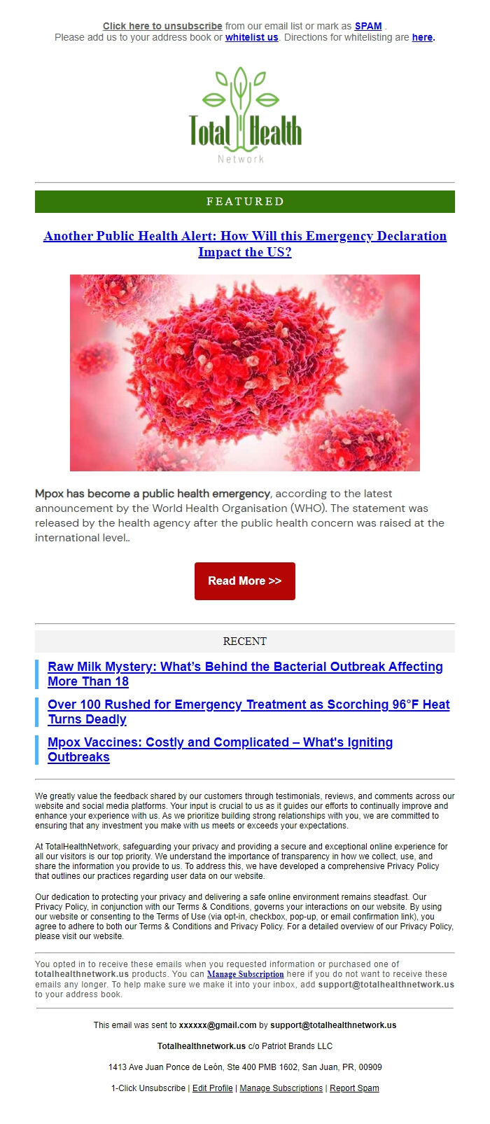 Screenshot of the email generated on import