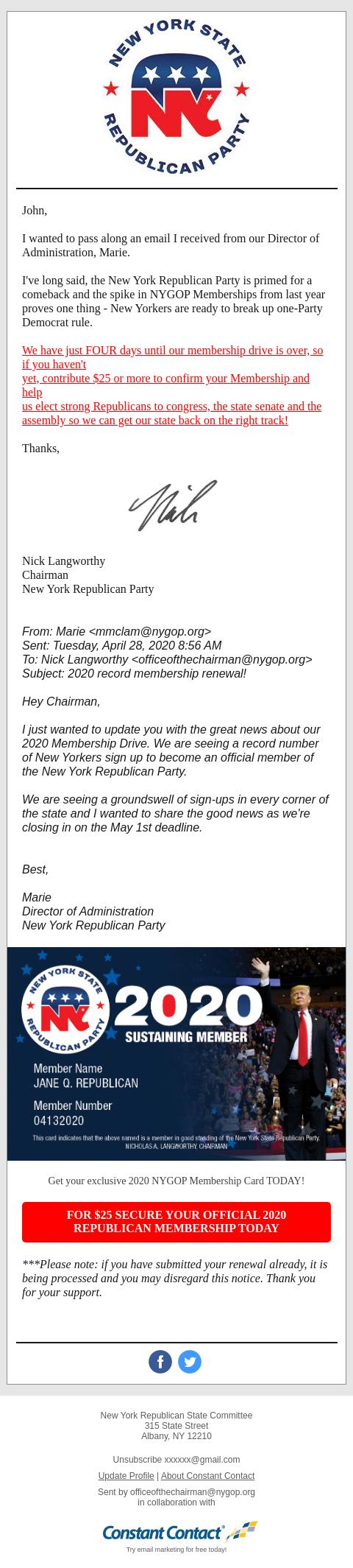 Screenshot of the email generated on import