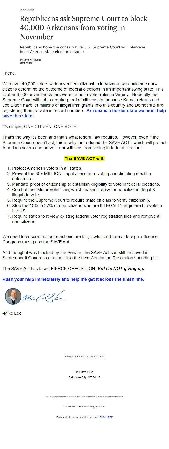 Screenshot of the email generated on import