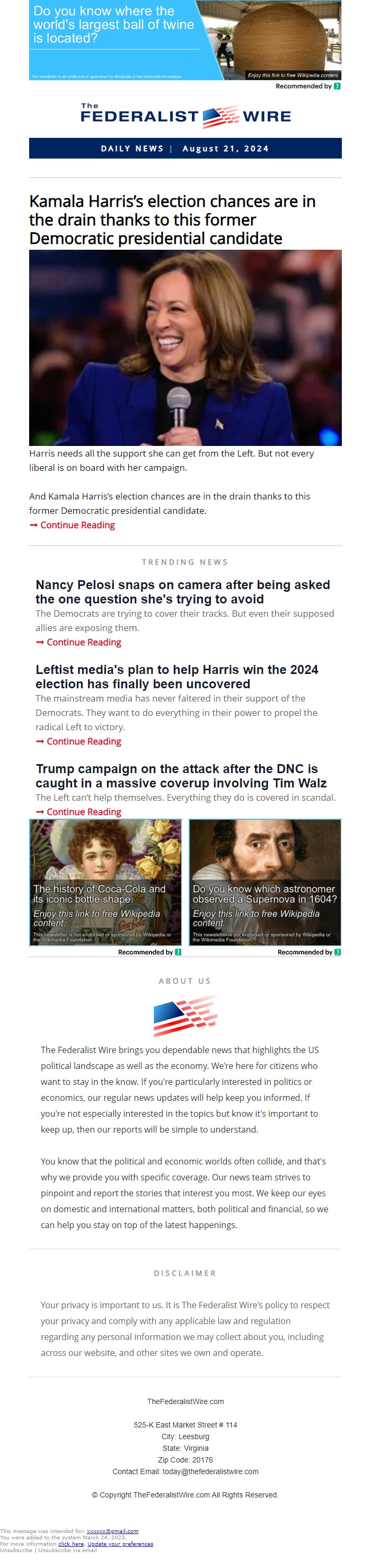 Screenshot of the email generated on import