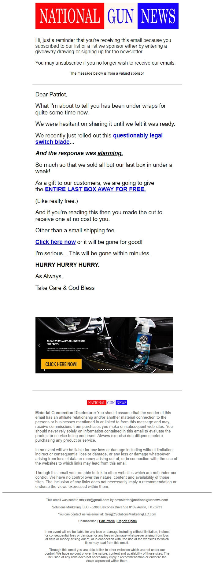 Screenshot of the email generated on import