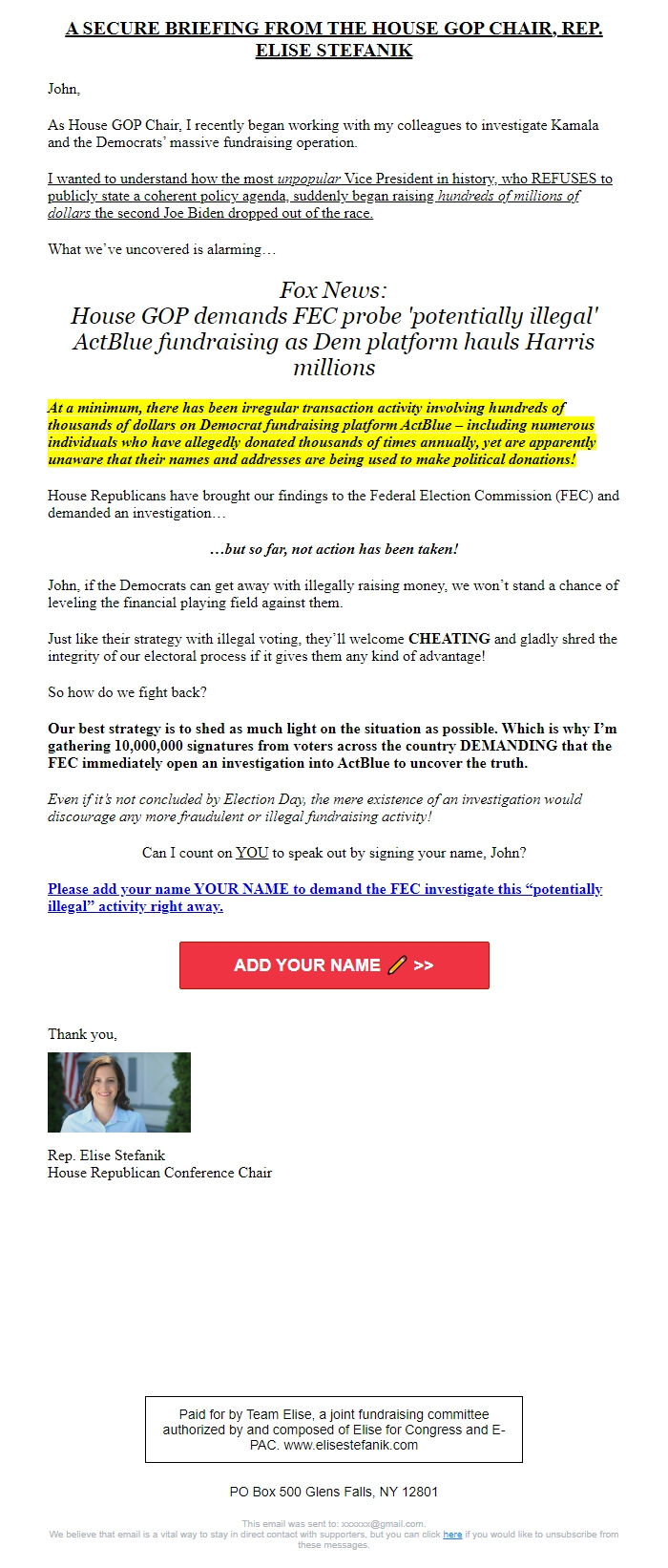 Screenshot of the email generated on import