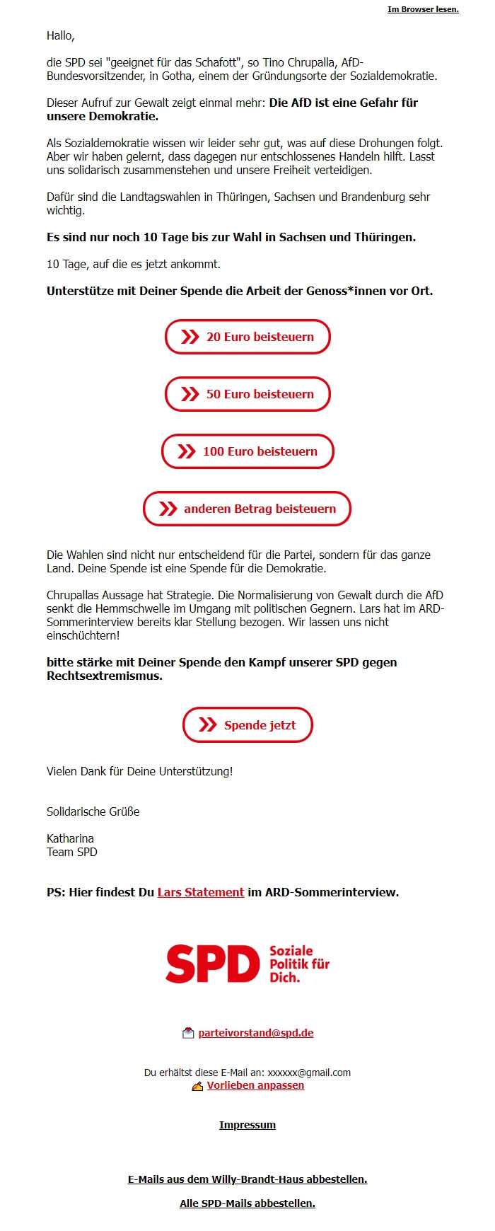 Screenshot of the email generated on import