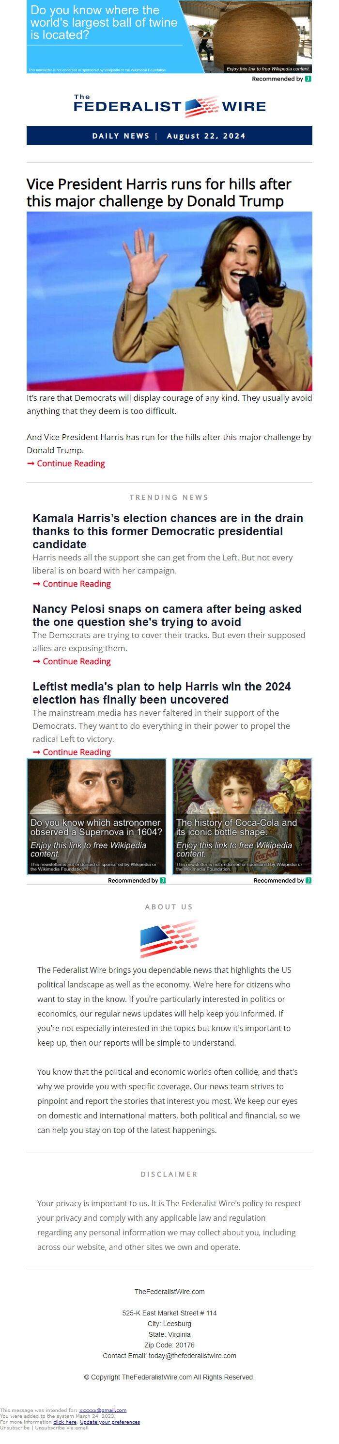 Screenshot of the email generated on import