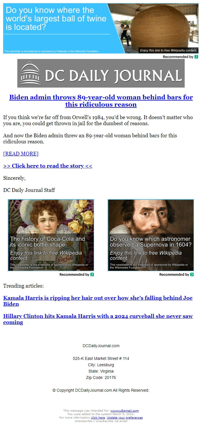 Screenshot of the email generated on import