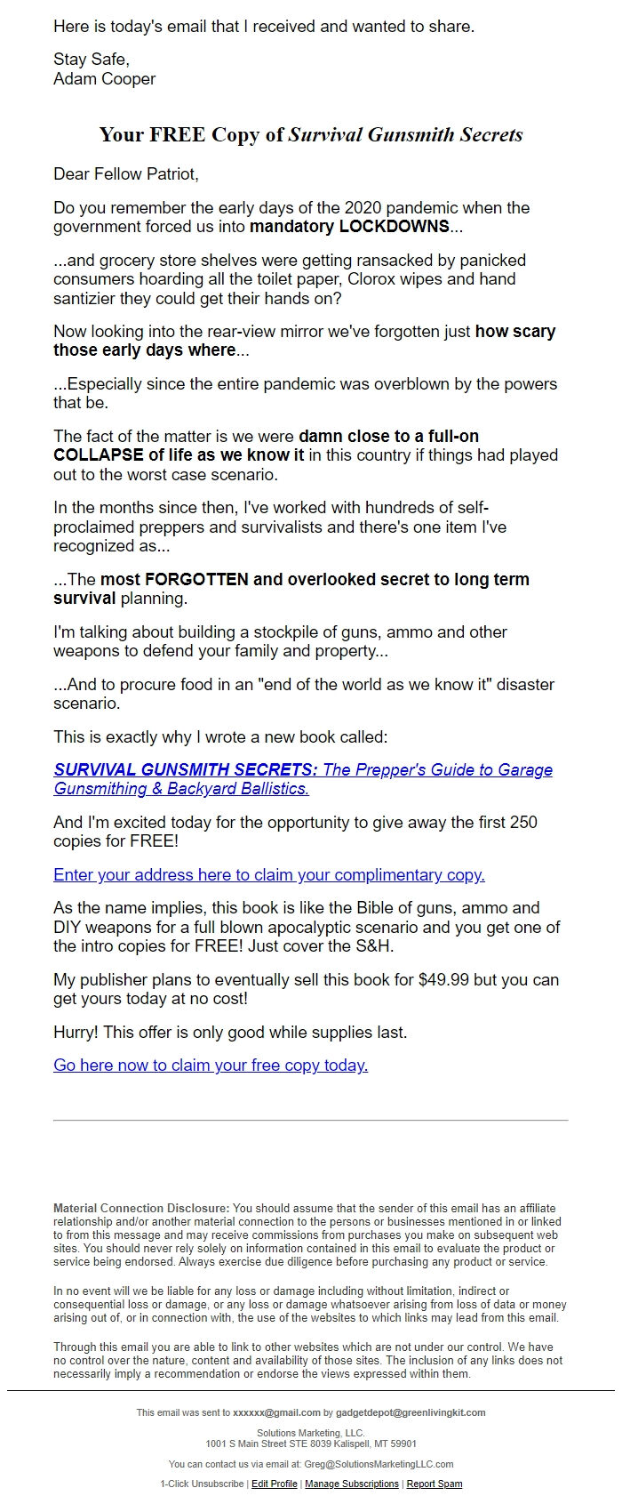 Screenshot of the email generated on import