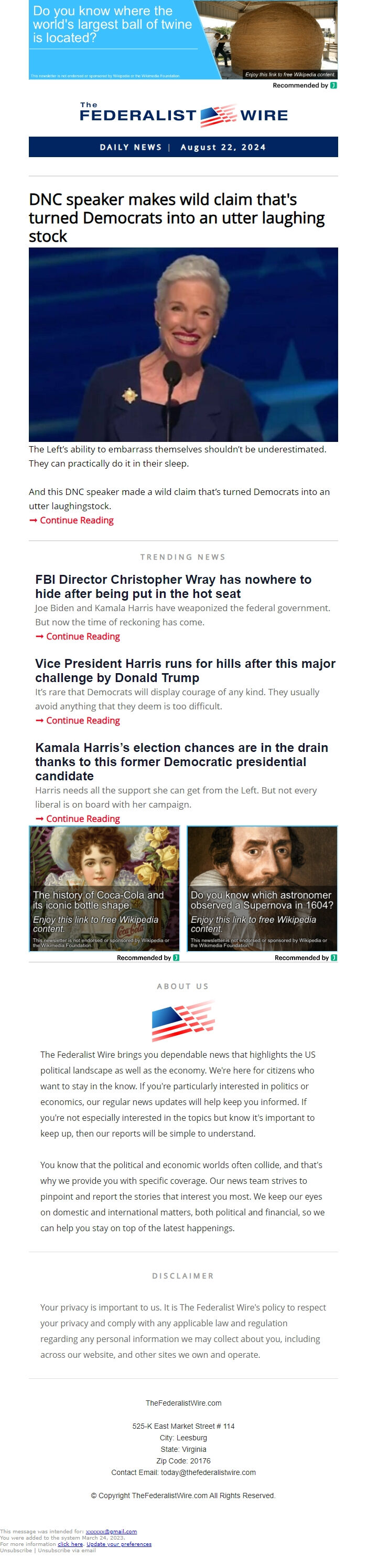 Screenshot of the email generated on import