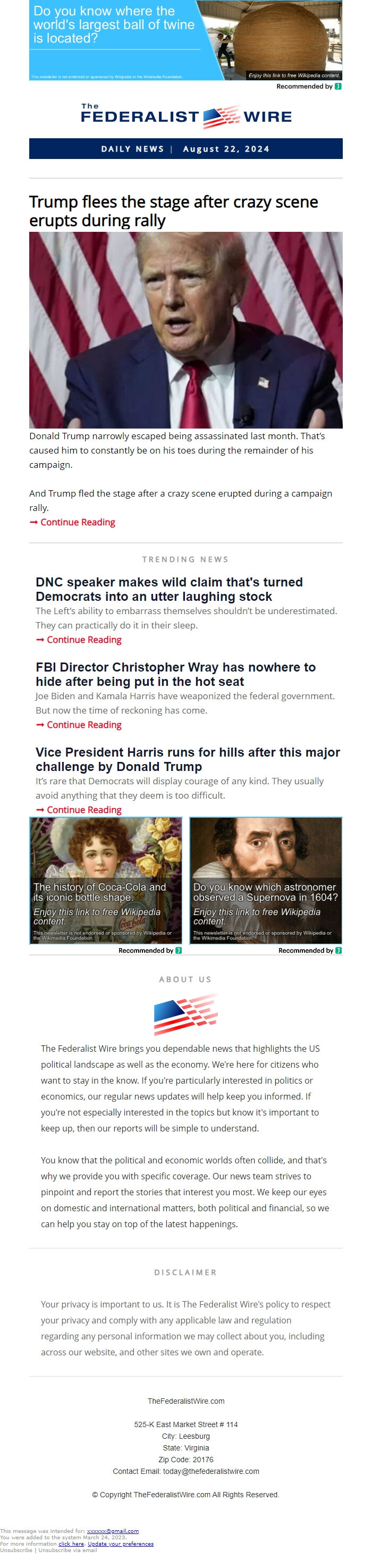 Screenshot of the email generated on import