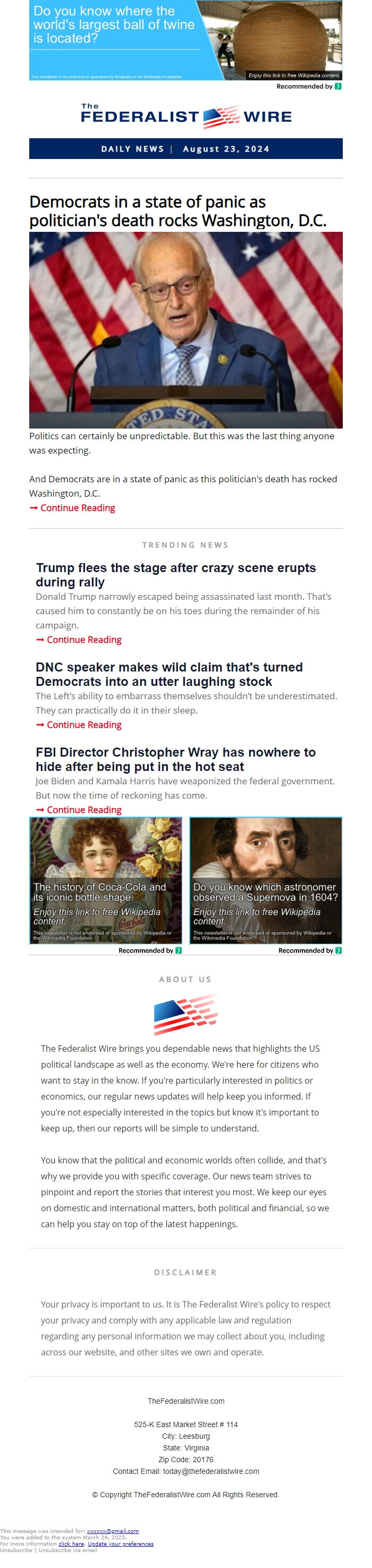 Screenshot of the email generated on import