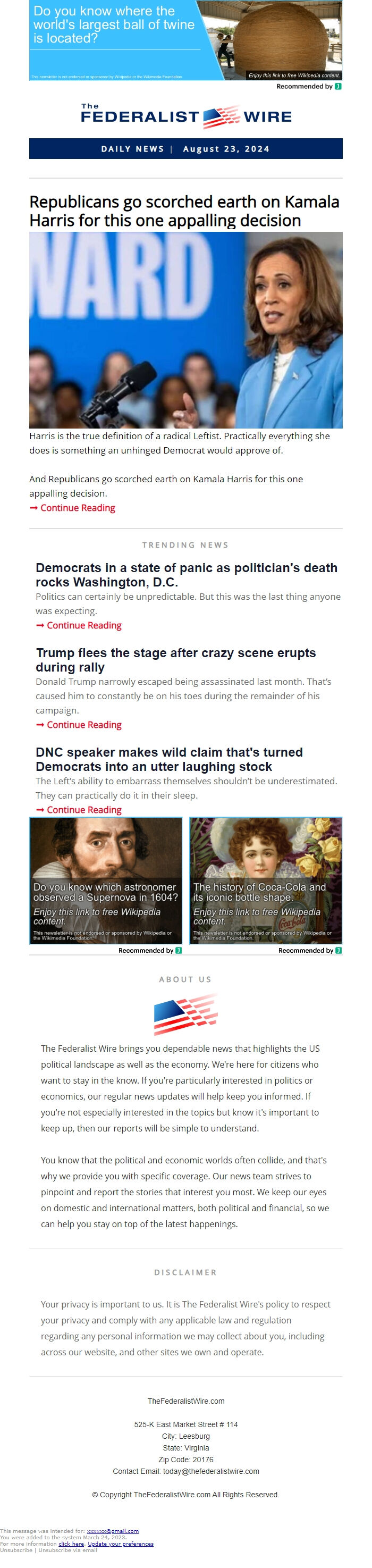 Screenshot of the email generated on import