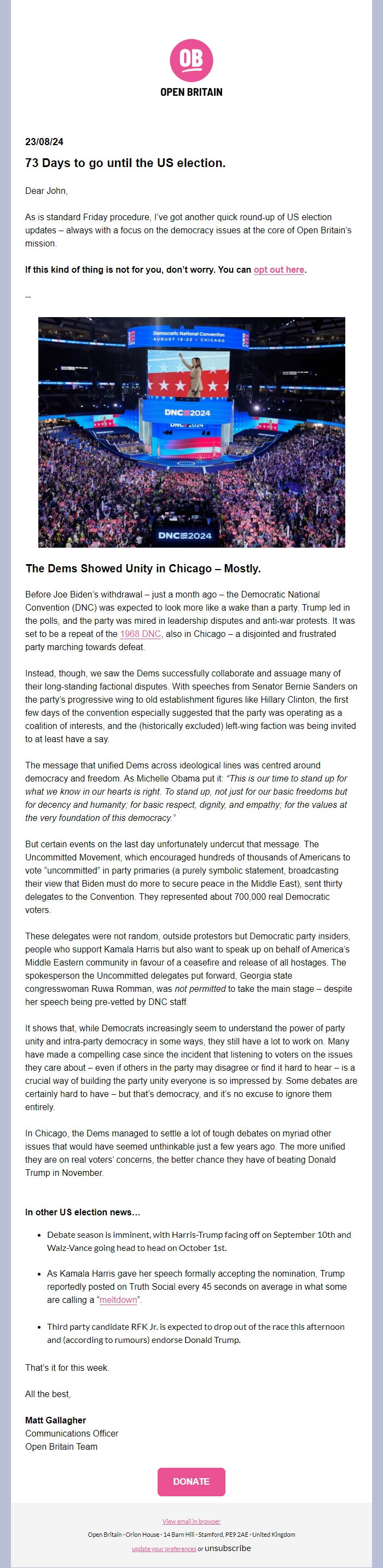 Screenshot of the email generated on import