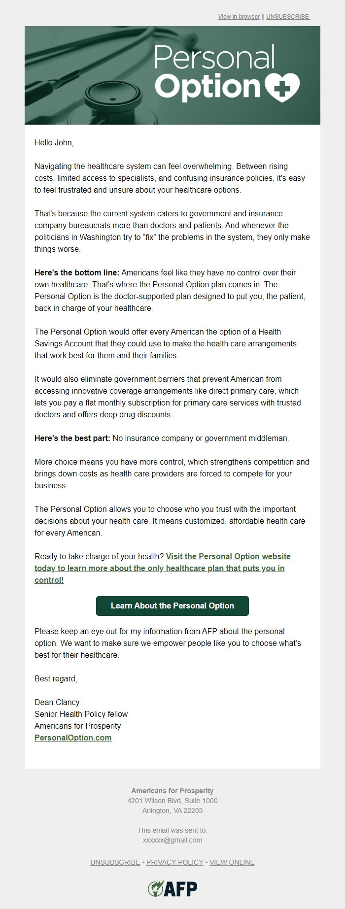 Screenshot of the email generated on import