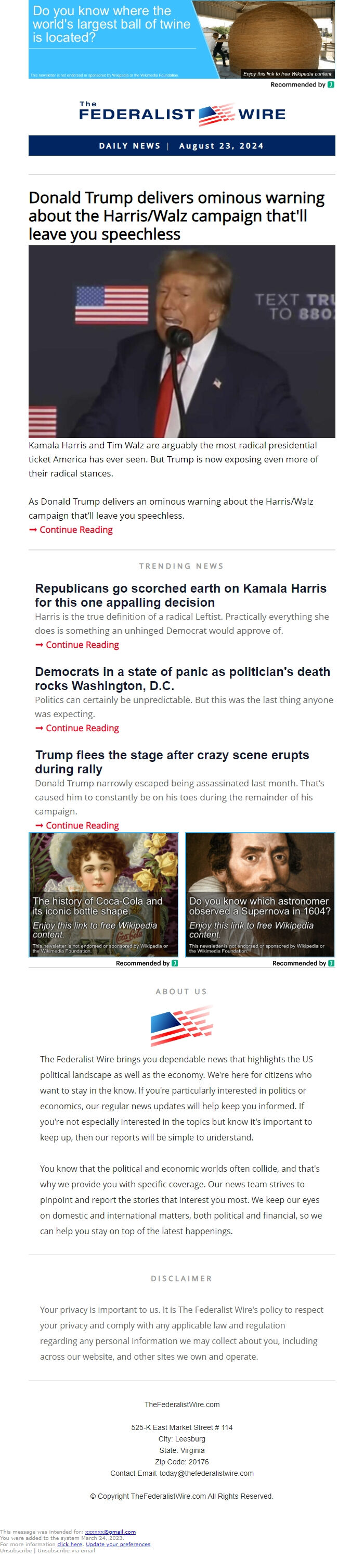 Screenshot of the email generated on import