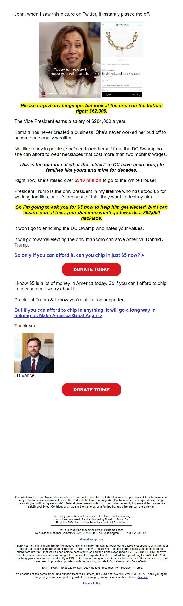 Screenshot of the email generated on import