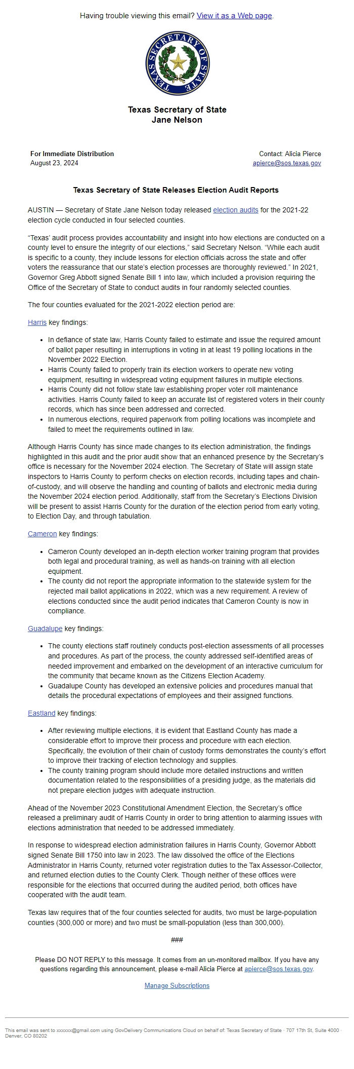 Screenshot of the email generated on import