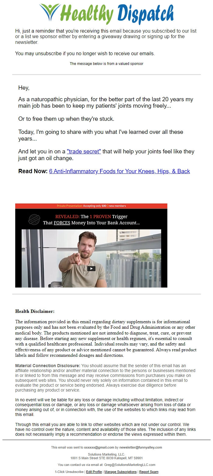 Screenshot of the email generated on import