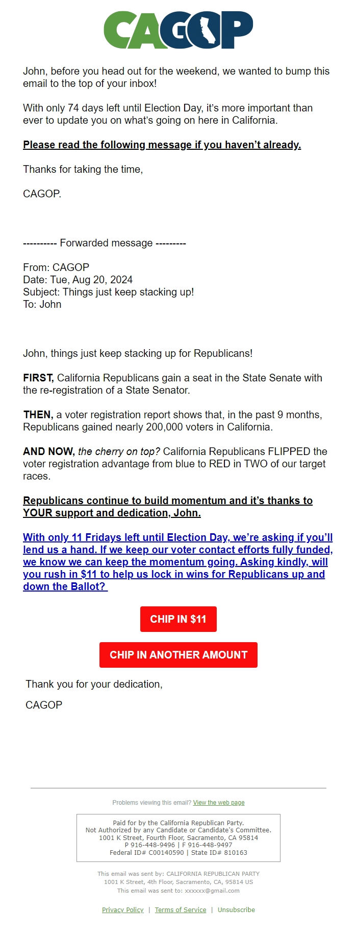 Screenshot of the email generated on import