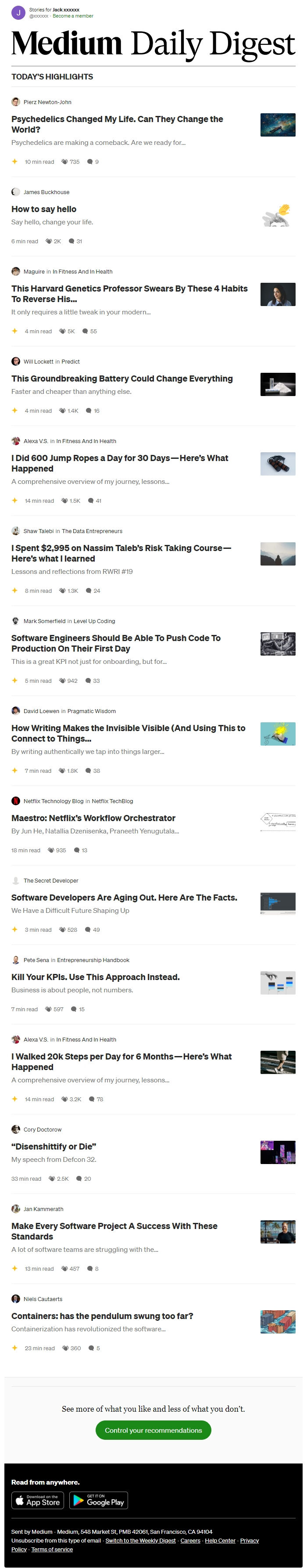 Screenshot of the email generated on import