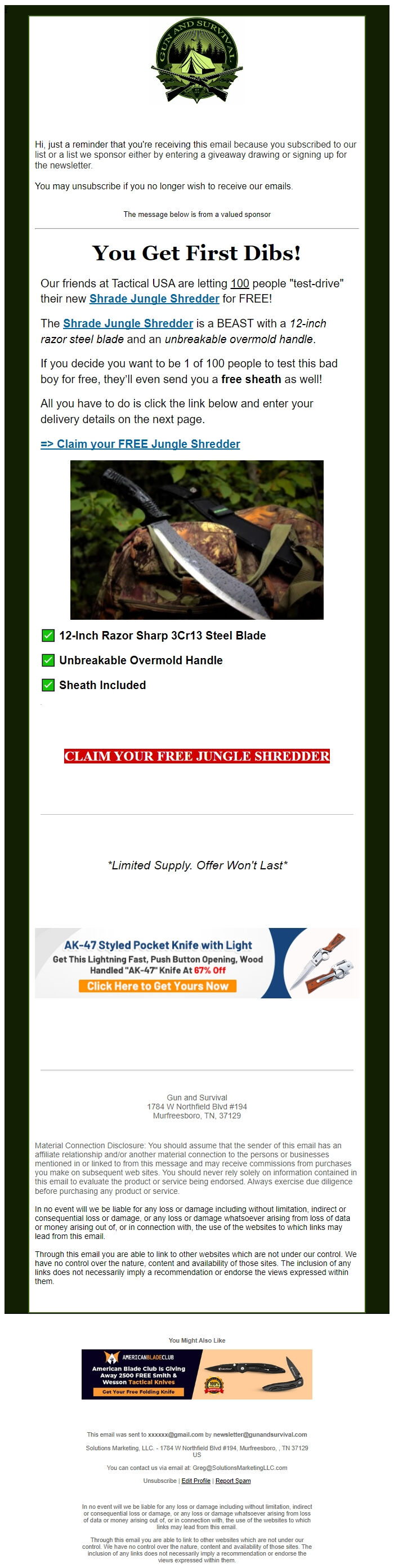 Screenshot of the email generated on import