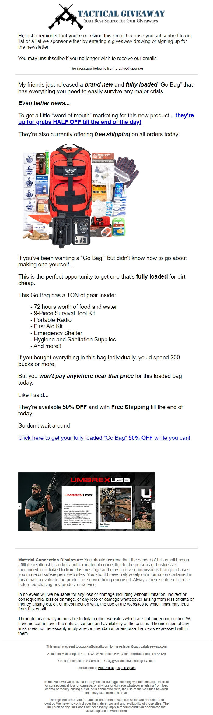 Screenshot of the email generated on import
