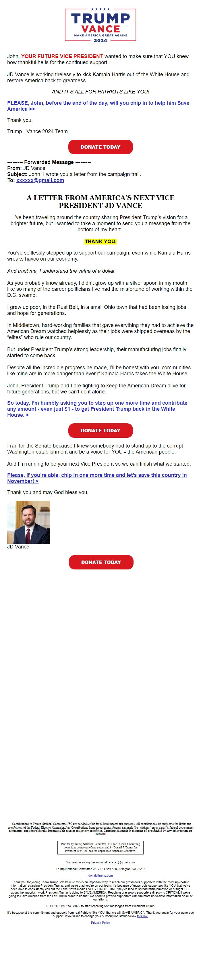 Screenshot of the email generated on import