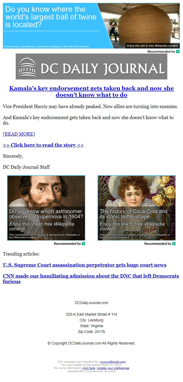 Screenshot of the email generated on import