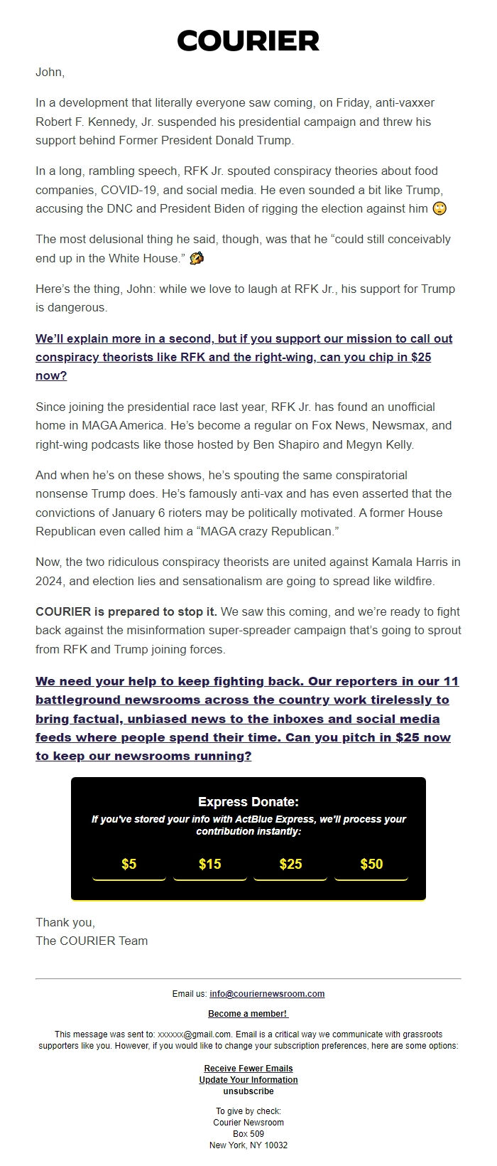 Screenshot of the email generated on import