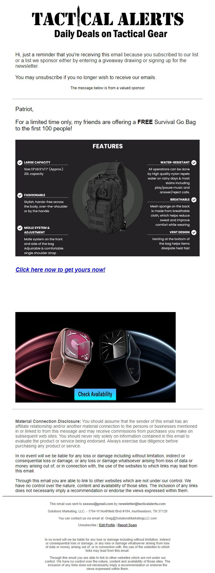 Screenshot of the email generated on import