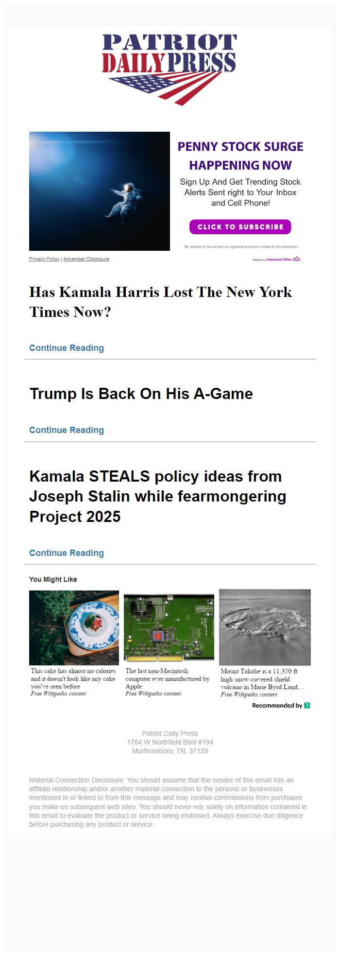 Screenshot of the email generated on import